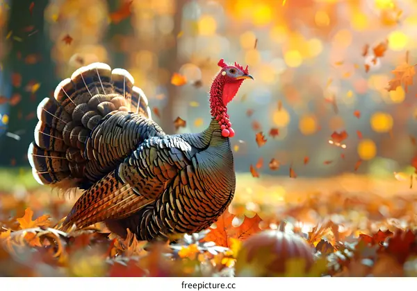 A majestic turkey stands in a field of fallen leaves.