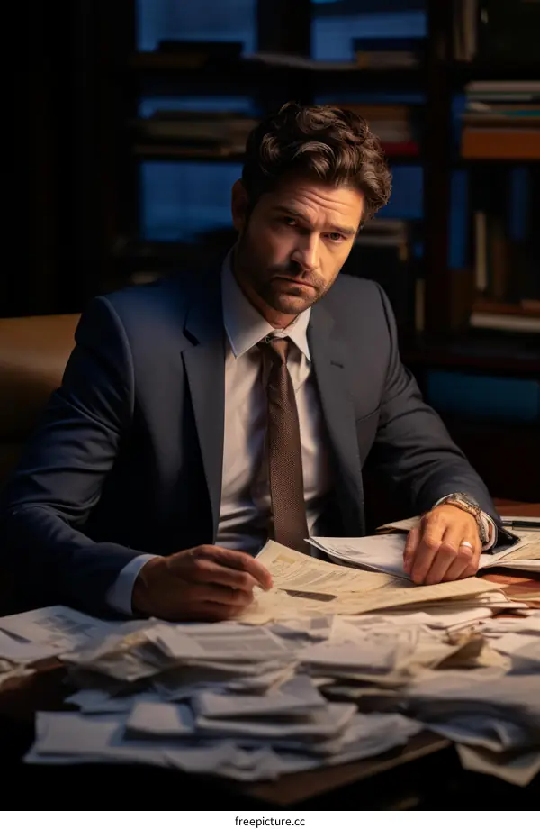 A man in a suit looking at a stack of documents