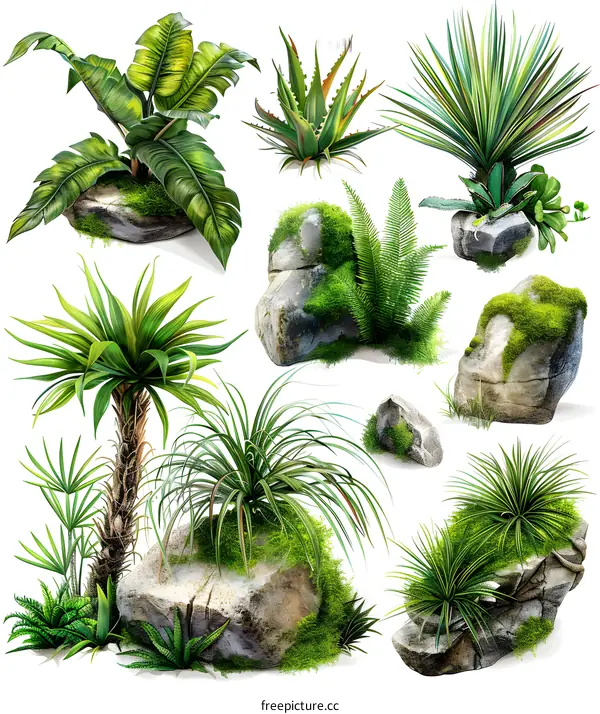 Tropical Plants and Rocks Set