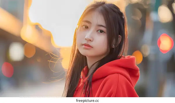 Portrait of a Young Asian Woman with Red Hoodie in Front of Blurred Background