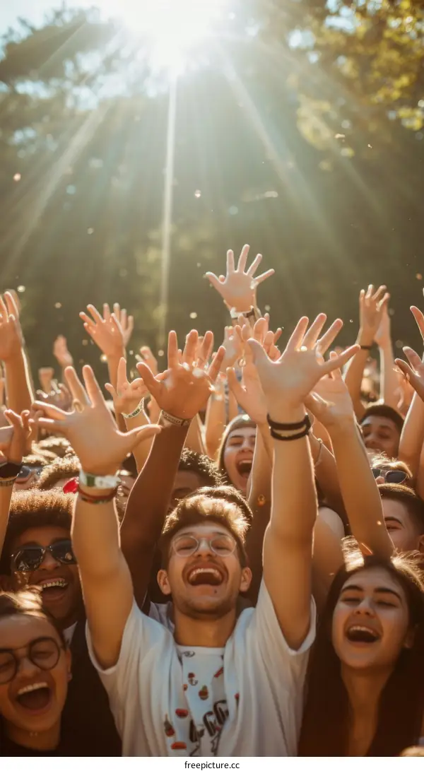 Ecstatic Multitude of Festival Goers Raising Their Hands in Jubilation