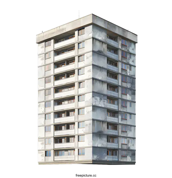 [Transparent Background PNG]Old Grey Apartment Building With Balconies Isolated On White Background