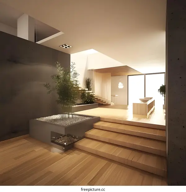 Modern Interior Design with Wooden Stairs and Green Plants