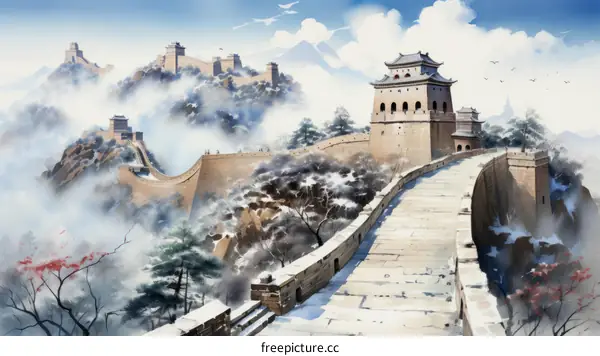 The Great Wall of China winding through a snowy mountain landscape