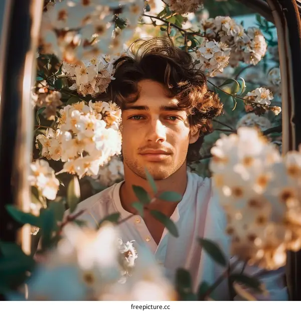Young man standing in a field of flowers