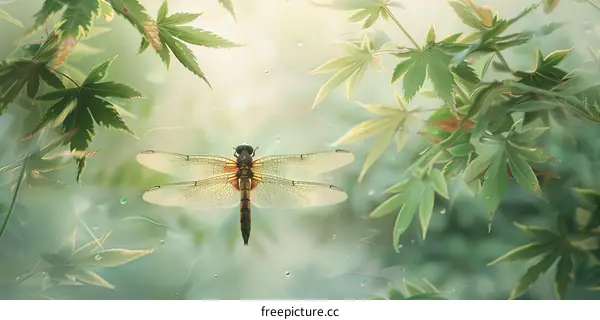 A dragonfly hovers in front of a lush green leaf with delicate transparent wings.