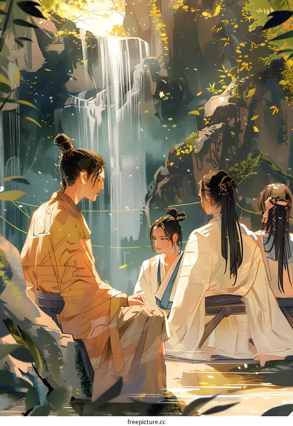 Four People Sitting by a Waterfall in a Forest
