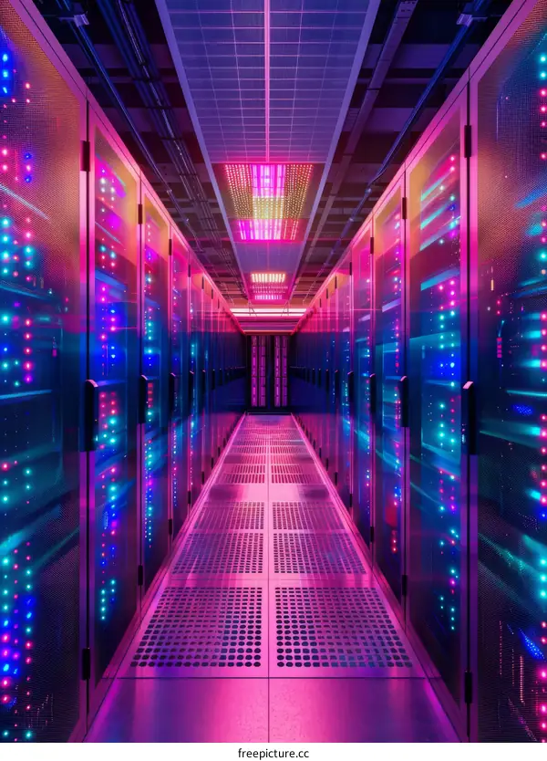 Server Room Corridor With Neon Lights