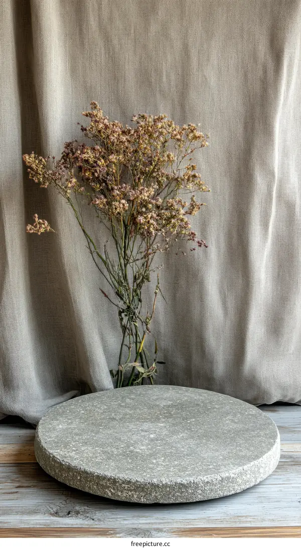 Rustic Stone Round Display Platform with Dried Flowers