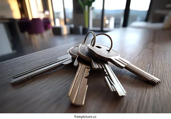 Bunch of keys on a wooden table in a modern home
