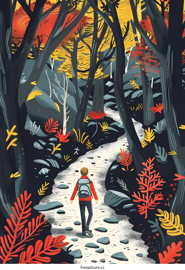 Man Walking Through an Autumn Forest Trail