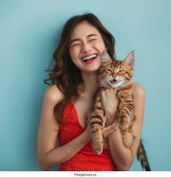 Laughing woman holding a cat