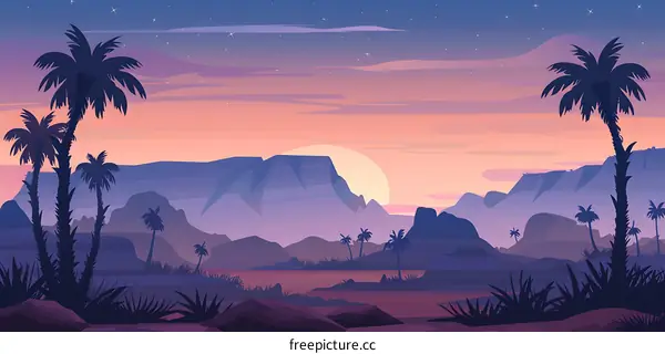 Sunset Landscape with Palm Trees and Mountains
