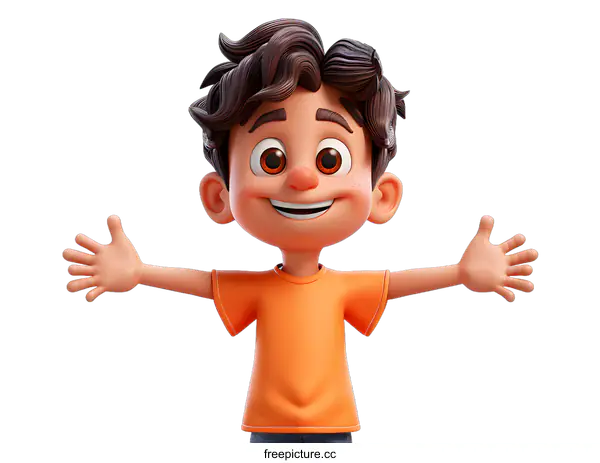 [Transparent Background PNG]3D cartoon character of a boy with brown hair and orange shirt
