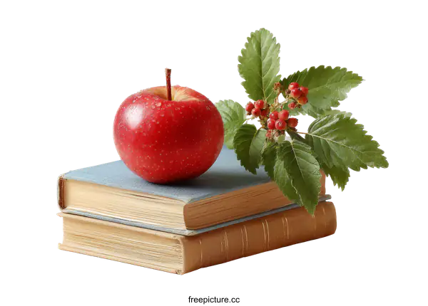 [Transparent Background PNG]Red Apple on Stack of Vintage Books
