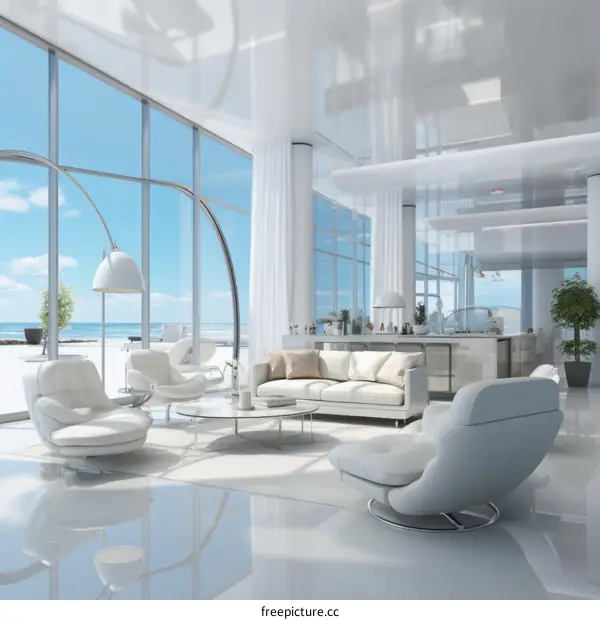 Modern interior design living room with large windows overlooking the ocean