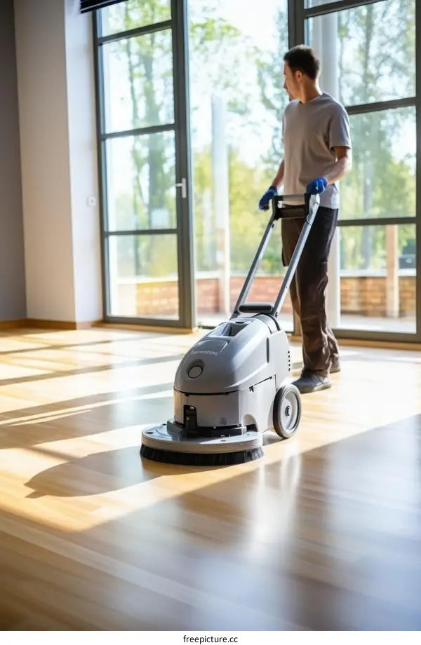 Man with floor cleaning machine