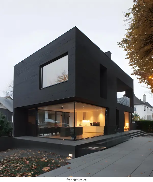 Modern Black House with Large Windows and Patio