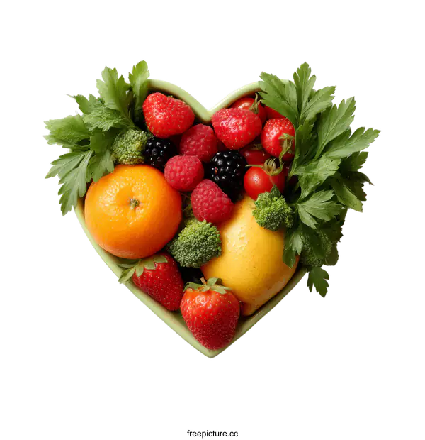 [Transparent Background PNG]Heart Shaped Bowl of Colorful Fruits and Vegetables