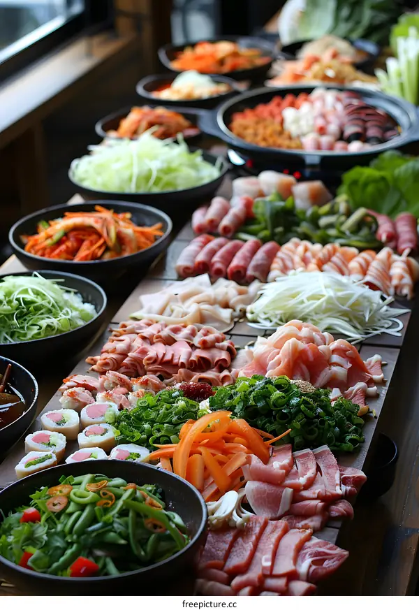 A table full of food, including pork, beef, and vegetables