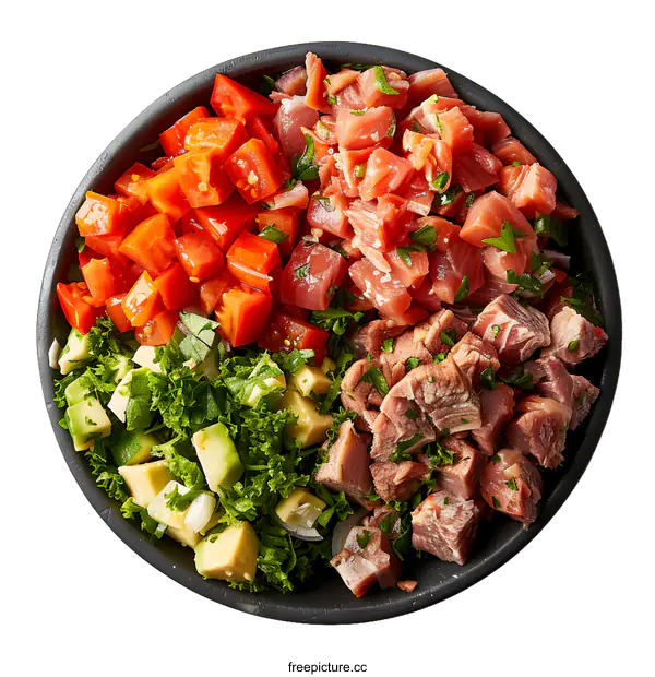 [Transparent Background PNG]Top View Poke Bowl With Tuna Avocado And Tomatoes