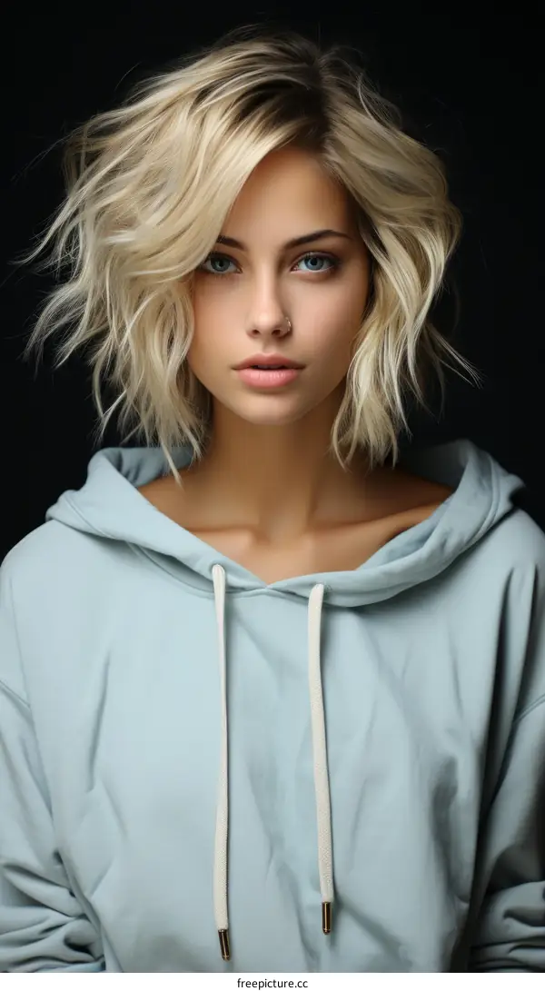 Glamour Portrait of a Blonde Woman in a Blue Hoodie