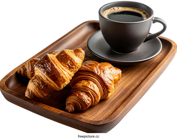[Transparent Background PNG]Croissants and Coffee on Wooden Tray