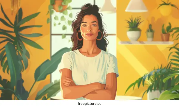 Confident young woman standing in front of a window with plants