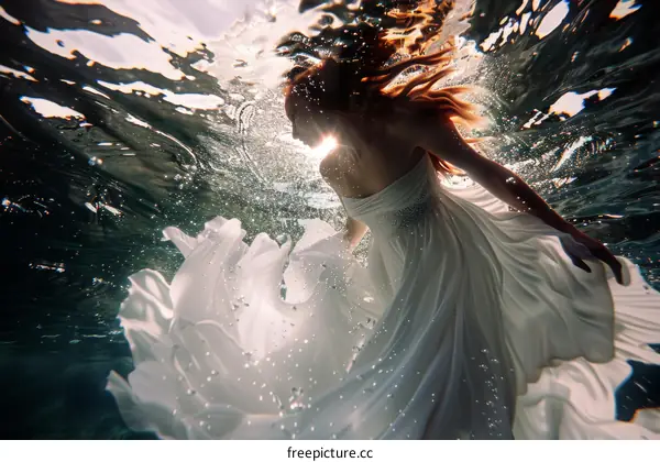 An underwater photo of a woman in a white dress