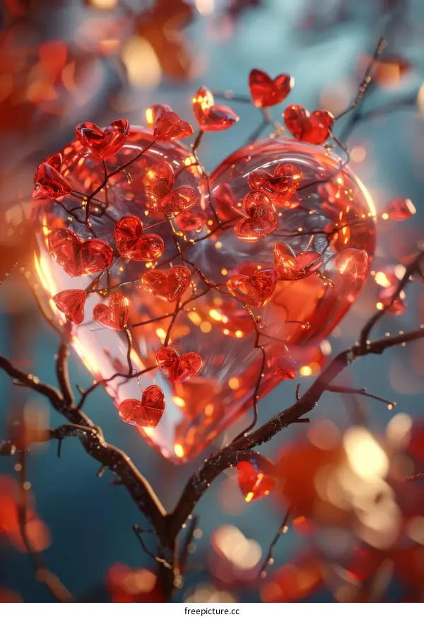 Glass Heart with Red Leaves on a Tree Branch