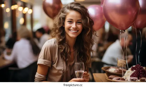 Portrait of a beautiful young woman with curly hair smiling and holding a glass of champagne at a party