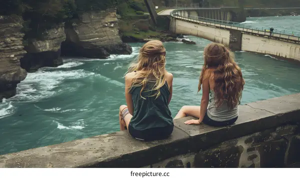 Two Girls Sitting on a Wall by the Sea