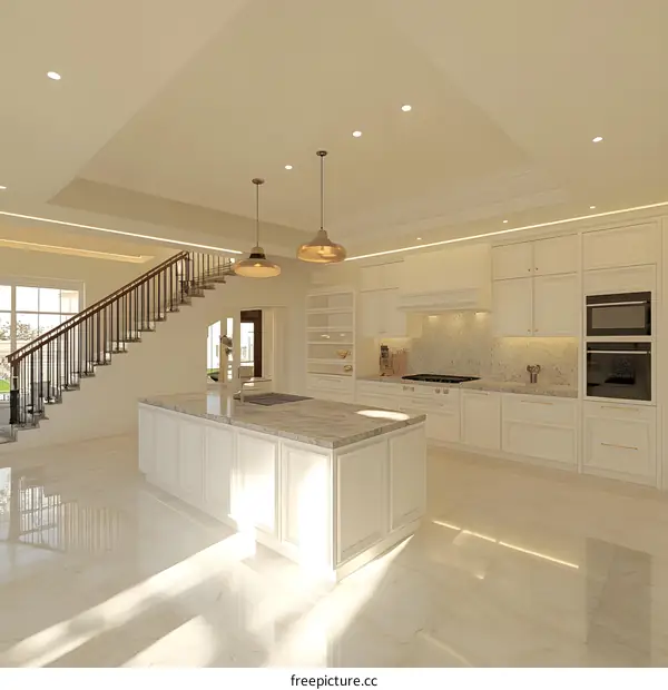 Modern White Kitchen Interior Design With Large Island