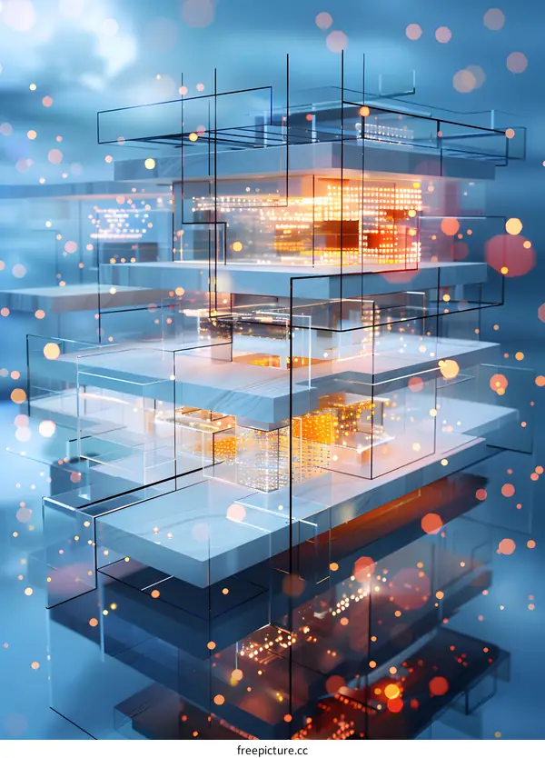 Abstract 3D rendering of a glowing technological structure with floating particles