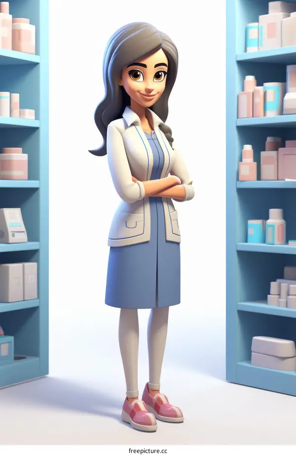 A female pharmacist standing in a pharmacy with shelves of medication on either side of her