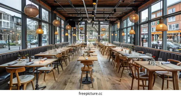Modern restaurant interior with large windows and wooden tables and chairs