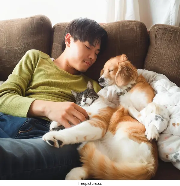 A man is sleeping on the couch with a cat and a dog
