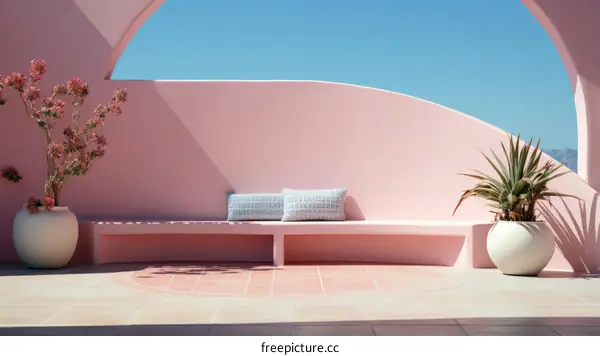 Minimalist Pink & Blue Home Exterior with Lush Greenery