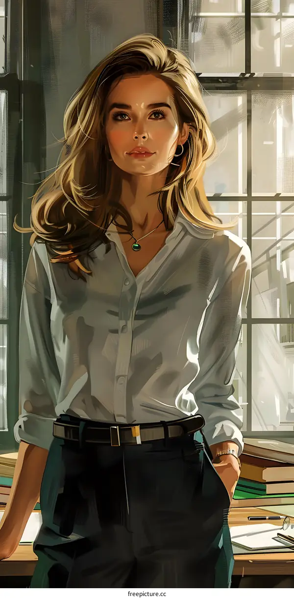 portrait of a beautiful woman in a white shirt and black pants standing in front of a window