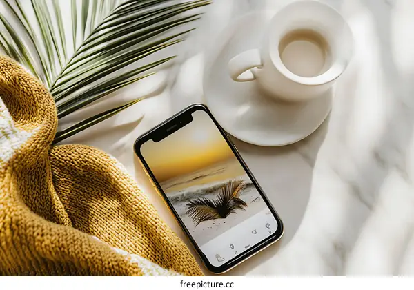 Phone with Beach Scene on Screen Palm Leaf and Cup of Coffee
