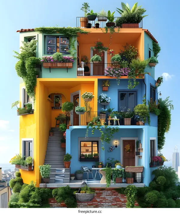 Colorful Apartment Building with Lush Greenery