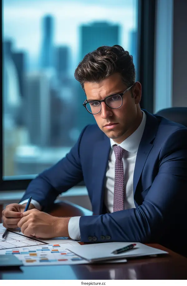 A young professional man in a suit and glasses sits at his desk and looks at the camera.