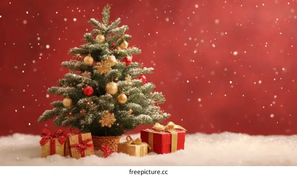Christmas Tree with Presents on Snowy Red Background