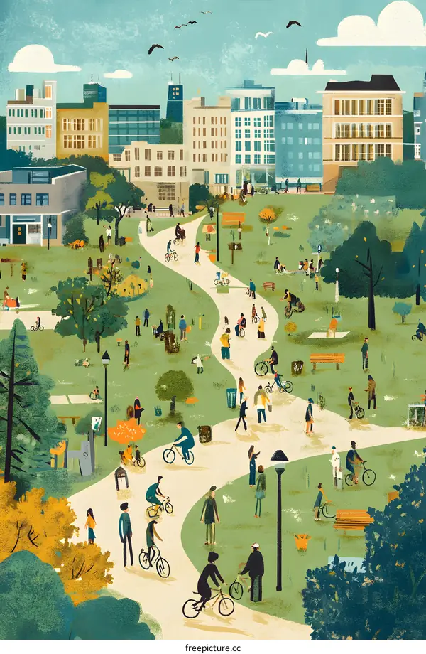 City Park Illustration with People Riding Bikes and Walking