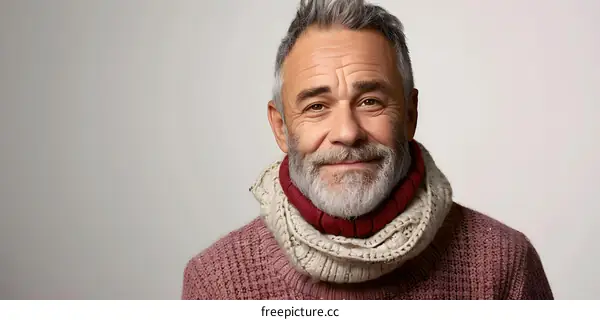 portrait of a smiling man with a beard wearing a pink sweater and a scarf