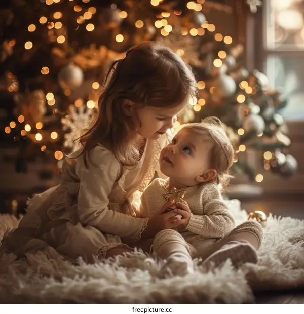 Two little girls sitting on a rug in front of a Christmas tree