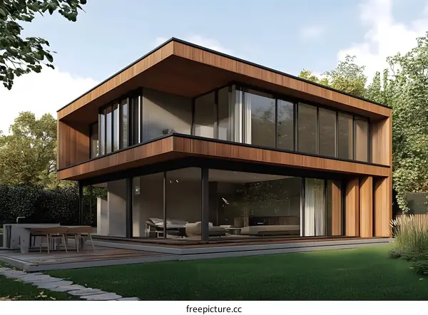 Modern House With Wooden Siding And Large Windows