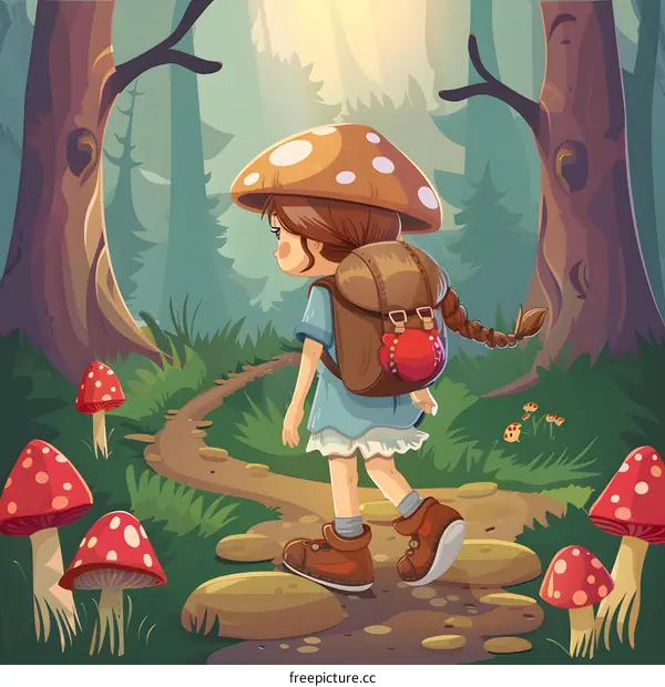 Girl With Mushroom Hat Walking Through Forest