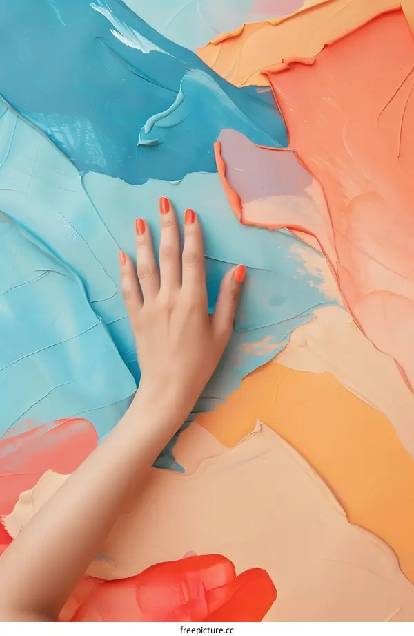 Hand with orange nail polish on abstract colorful background