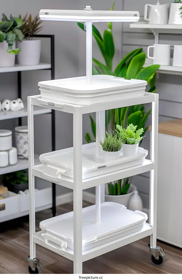White Metal Cart With Three White Trays And A Light Above